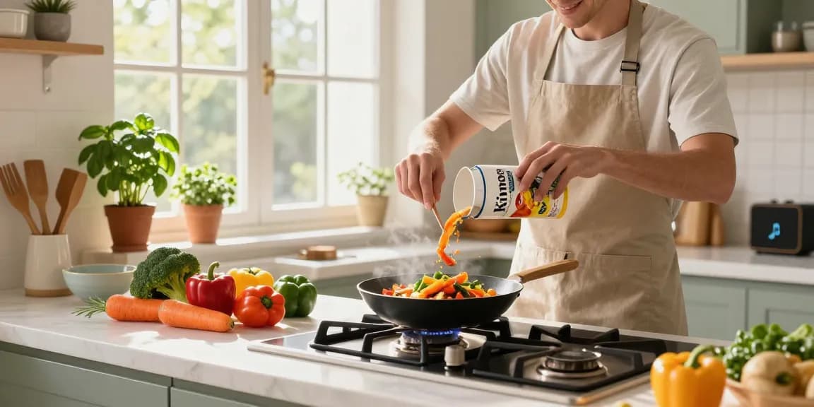 Home cook using www.koiaminos in a vibrant vegetable stir-fry, bright kitchen scene.