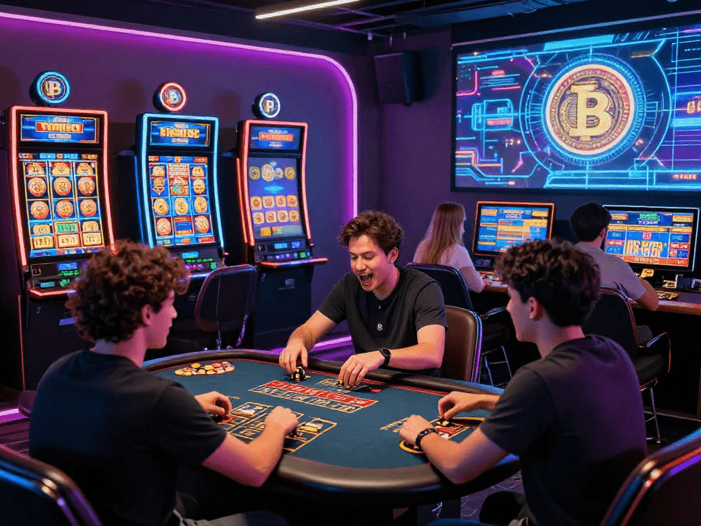 Crypto casino players enjoying immersive games on digital devices in a vibrant, modern gaming room.