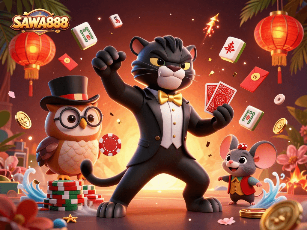 SAWA888 offers an exciting casino experience with vibrant characters, cards, and casino elements.