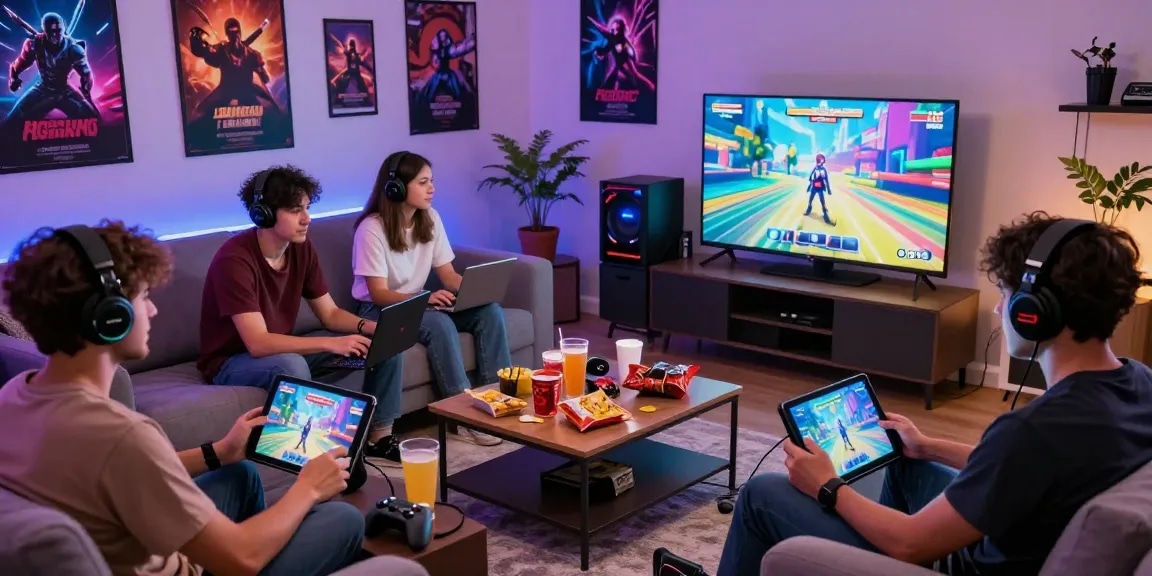 Group of adults enjoying ero games together in an inviting living room filled with gaming gear.