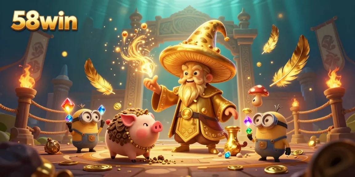 Experience thrilling 58win gaming with vibrant characters and gold magic in this casino illustration.