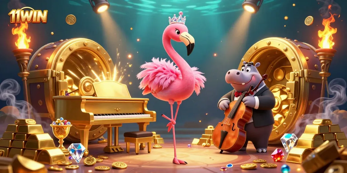 Experience the thrilling atmosphere of 11WIN with a vibrant casino scene featuring a flamingo singer and hippo bassist.