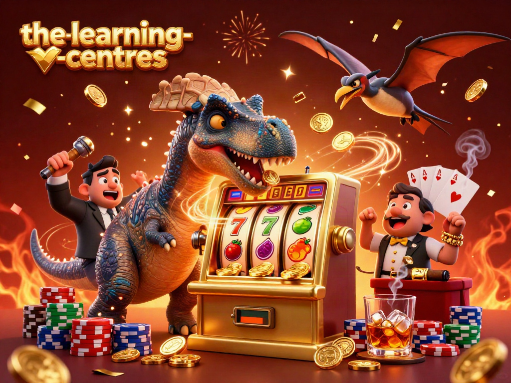 The-learning-centres pachycephalosaurus hits a golden slot machine, unleashing a jackpot of coins in a vibrant casino scene.
