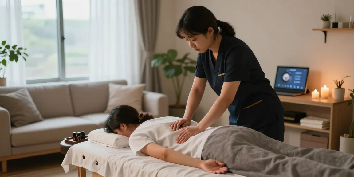 Relaxing 역삼동출장안마 session in a cozy home massage setting with ambient lighting.