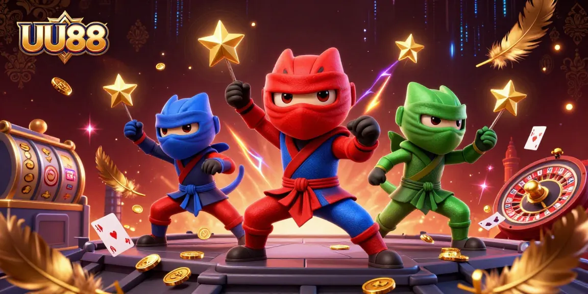 UU88 showcases ninja chameleons engaging in exciting gambling action with vibrant casino elements.
