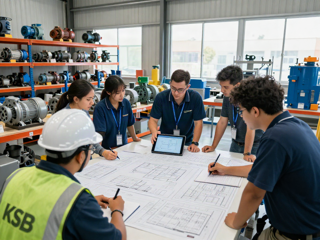 Ingenieros colaborando en el diseño de Bombas KSB Venezuela, rodeados de modelos y planos.