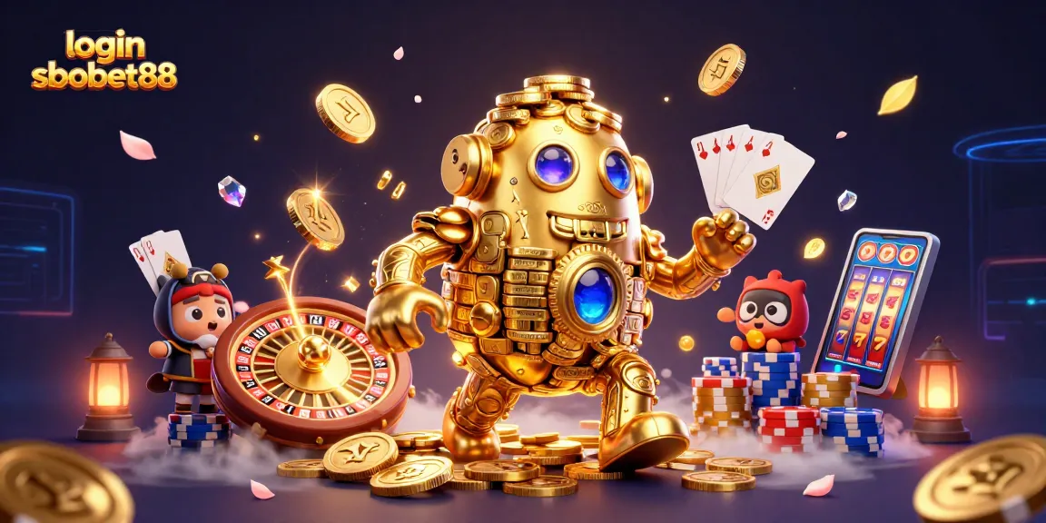 Engage in exciting gameplay with login sbobet88, featuring golden golems and vibrant casino elements.