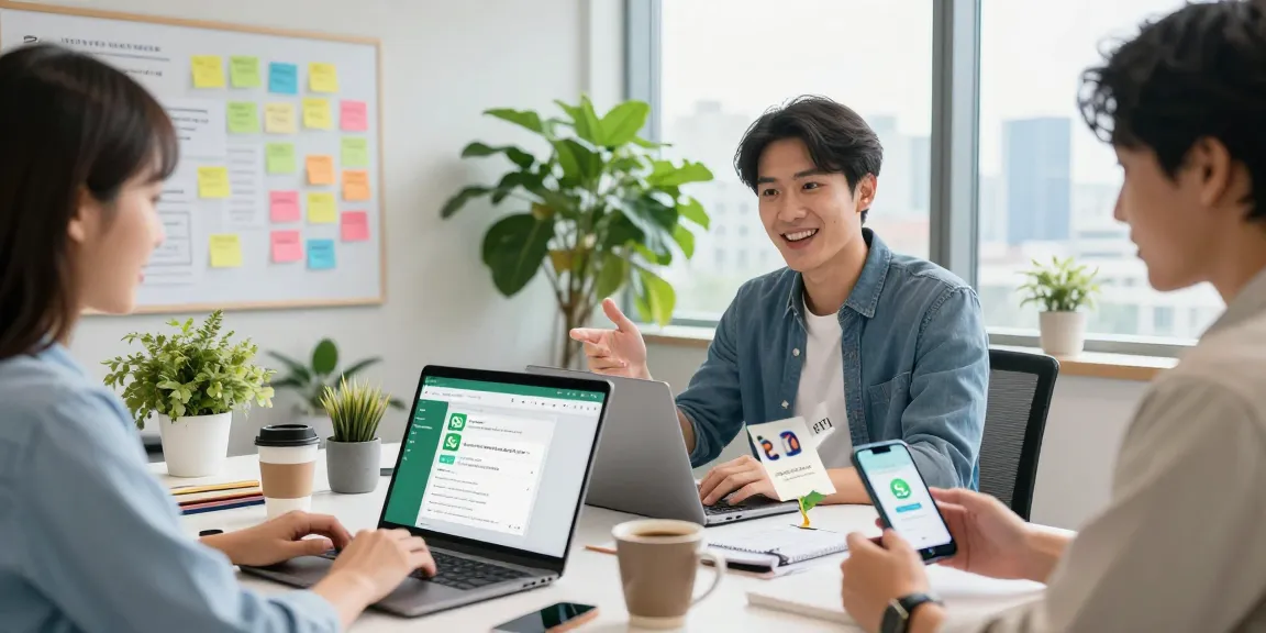 Engaged professionals collaborating over WhatsApp下載 in a modern office environment, showcasing dynamic discussions and technology.