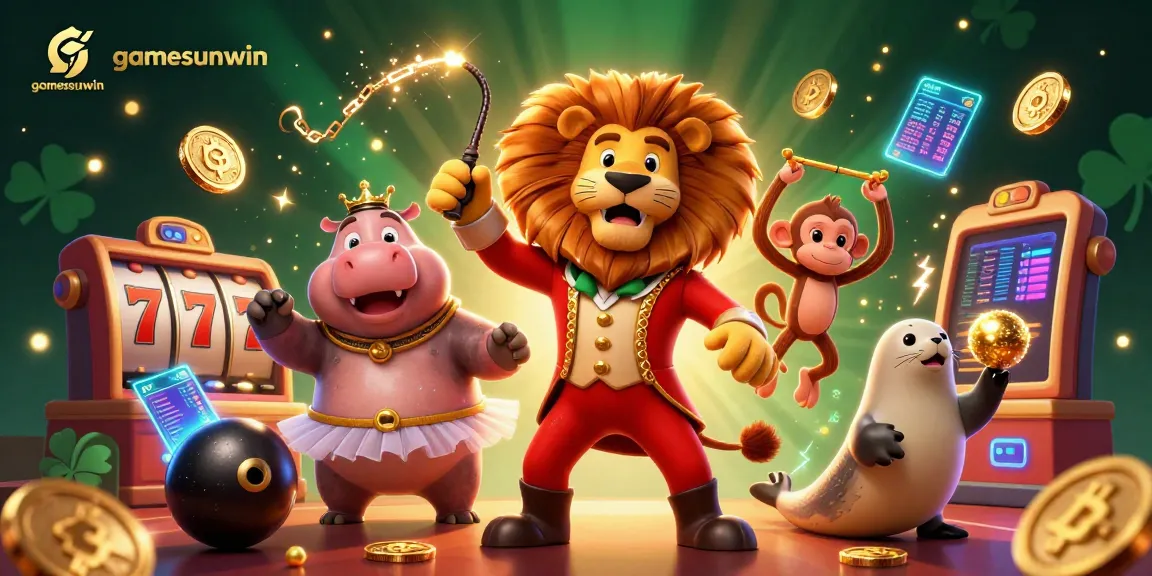 Experience gamesunwin with animated circus characters amidst slot reels and crypto coins.