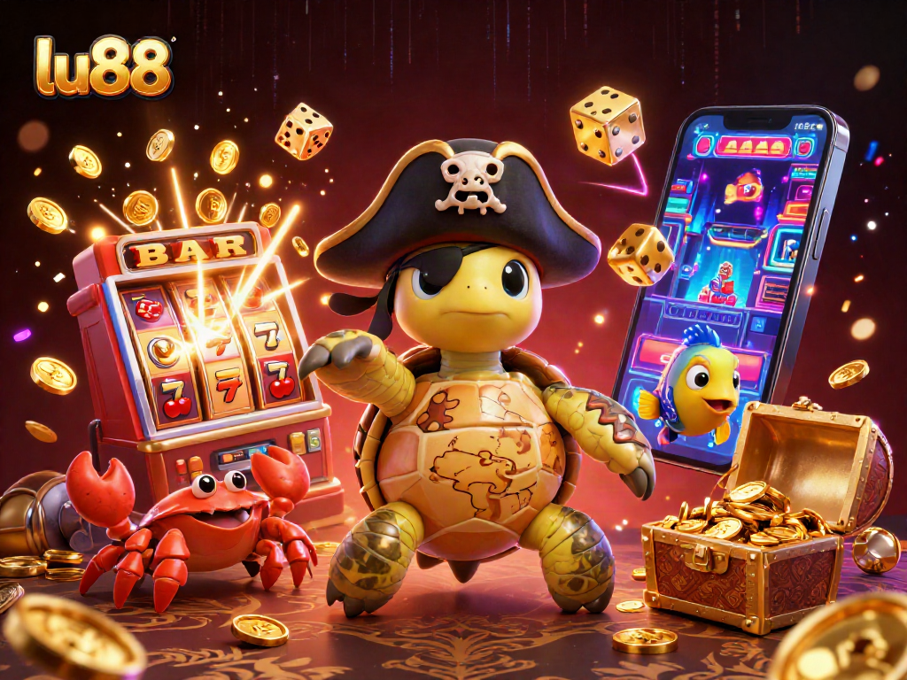 Experience exciting wins at lu88 with a vibrant 3D pirate-themed casino illustration loaded with game elements.