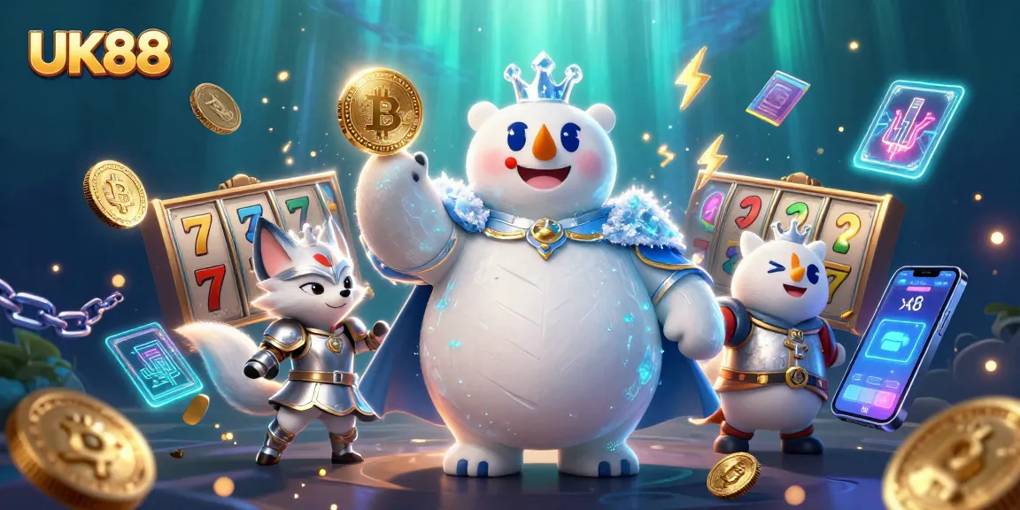 Spin the reels at UK88 with a frosty king and snowy companion in a vibrant casino scene.