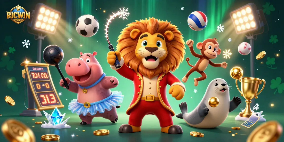 Experience the fun of RICWIN with a playful circus-themed illustration featuring vibrant casino elements.