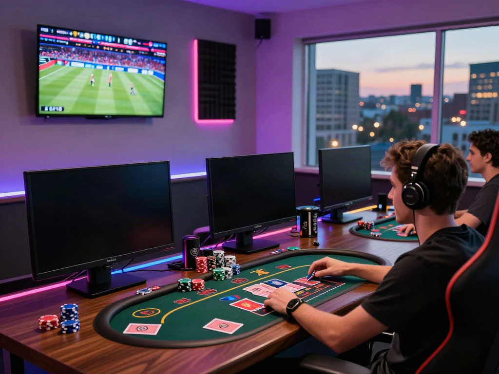 Engaging player at gaming desk with multiple screens at http://sin88-onl.com/, showcasing vibrant casino games atmosphere.