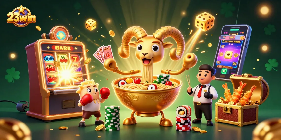 Engage in thrilling casino excitement with 23win, featuring a vibrant giant ramen bowl dealing cards amid jackpot chaos.