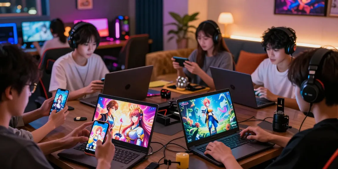 Group of gamers enjoying ero games on devices in a cozy lounge setting with colorful animated visuals.