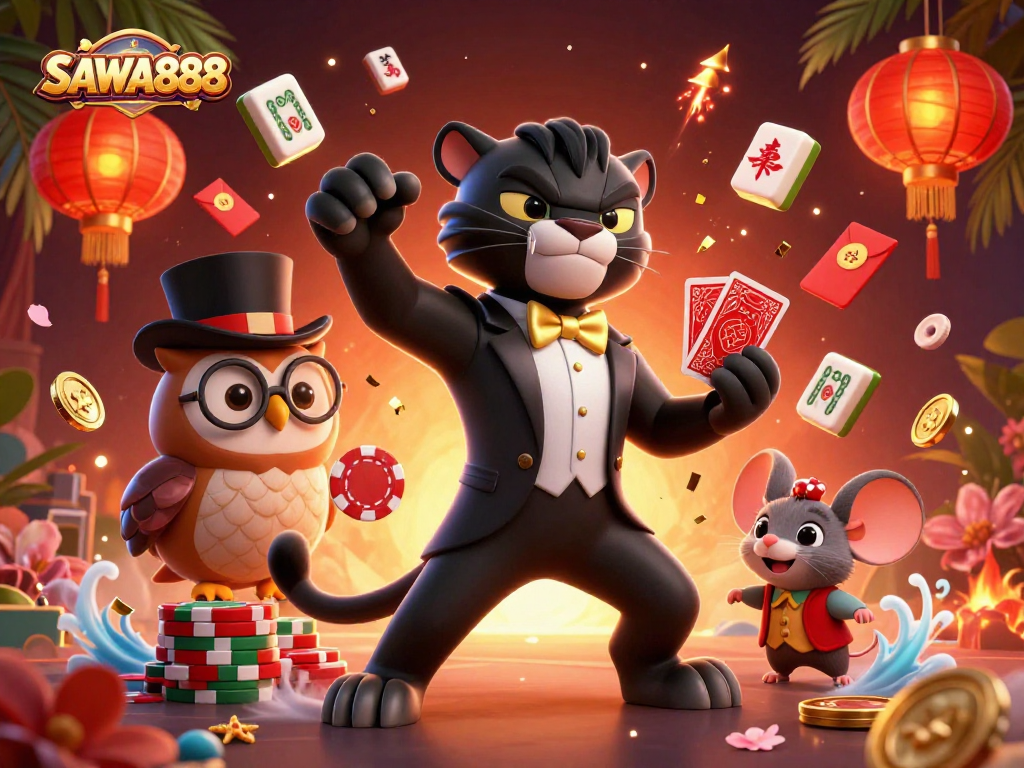 SAWA888 offers an exciting casino experience with vibrant characters, cards, and casino elements.