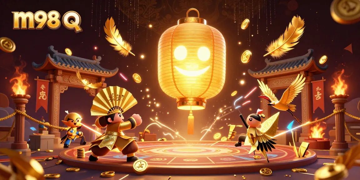 Spin and win at m98 q's lively casino scene with animated lantern spirit and warriors.