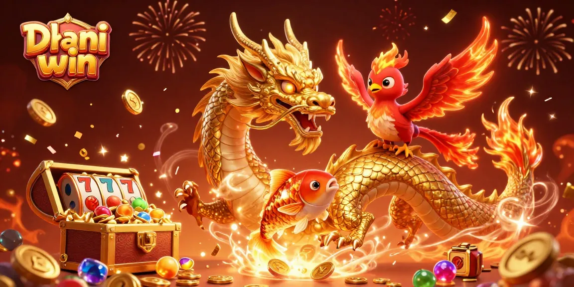 Dhani win's vibrant casino illustration with a golden dragon, phoenix, and koi fish amidst bursting slot reels.