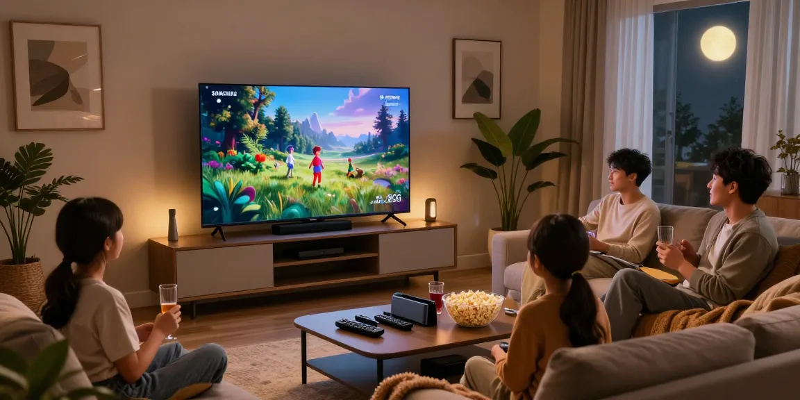 Family enjoying a movie night with Samsung Micro RGB TV in a cozy living room setting.