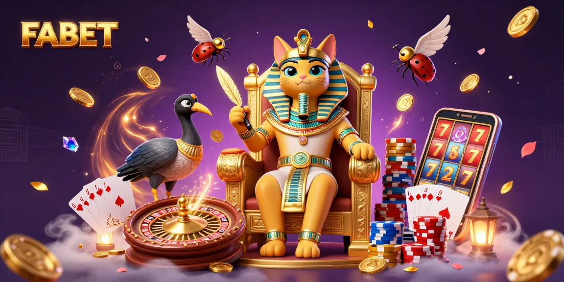 Experience the excitement of FABET with a dynamic casino scene featuring a pharaoh cat and gold treasures.