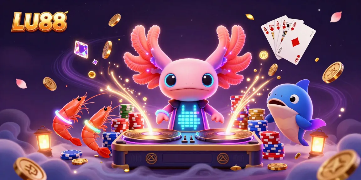 LU88 brings excitement with a neon axolotl DJ, sparkling gems, and casinos in this vibrant scene.
