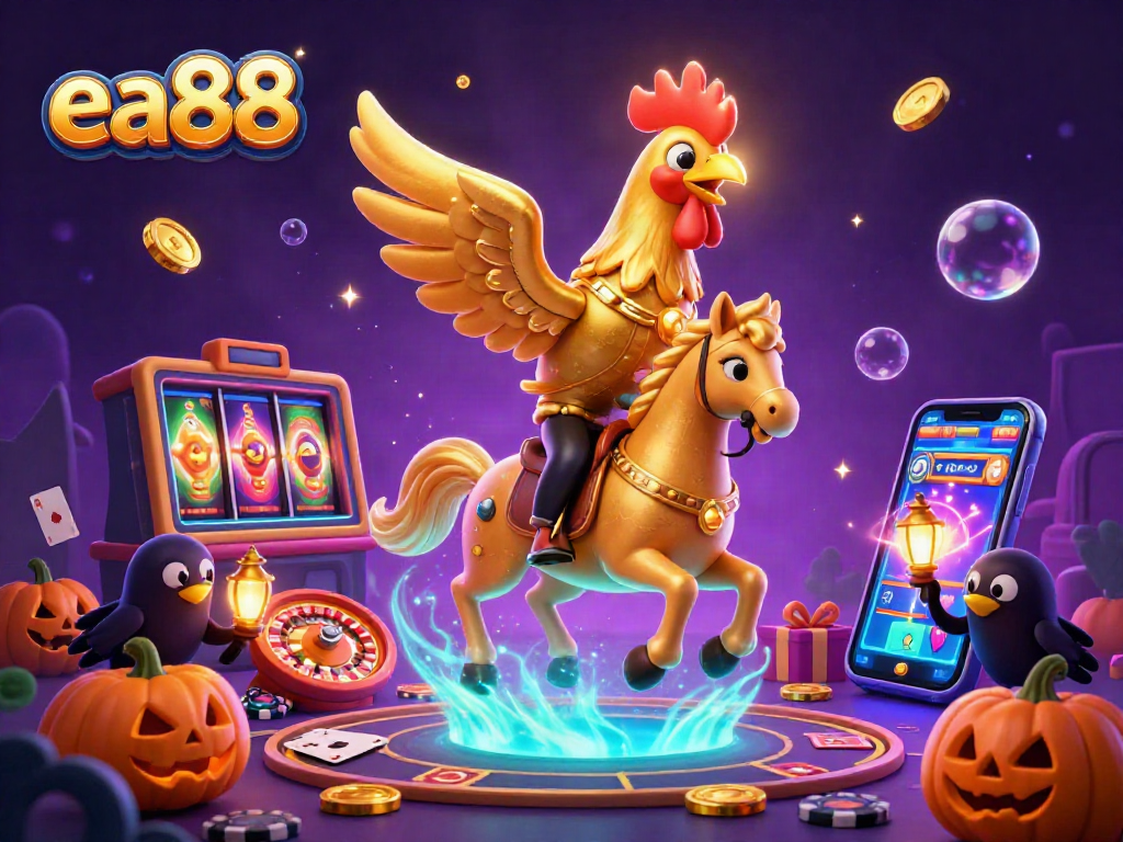 Experience the thrilling energy of ea88 with a golden rooster and vibrant gambling elements in a captivating casino scene.