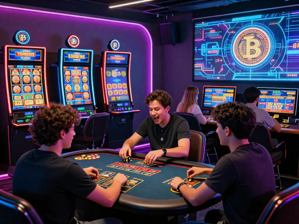 Crypto casino players enjoying immersive games on digital devices in a vibrant, modern gaming room.