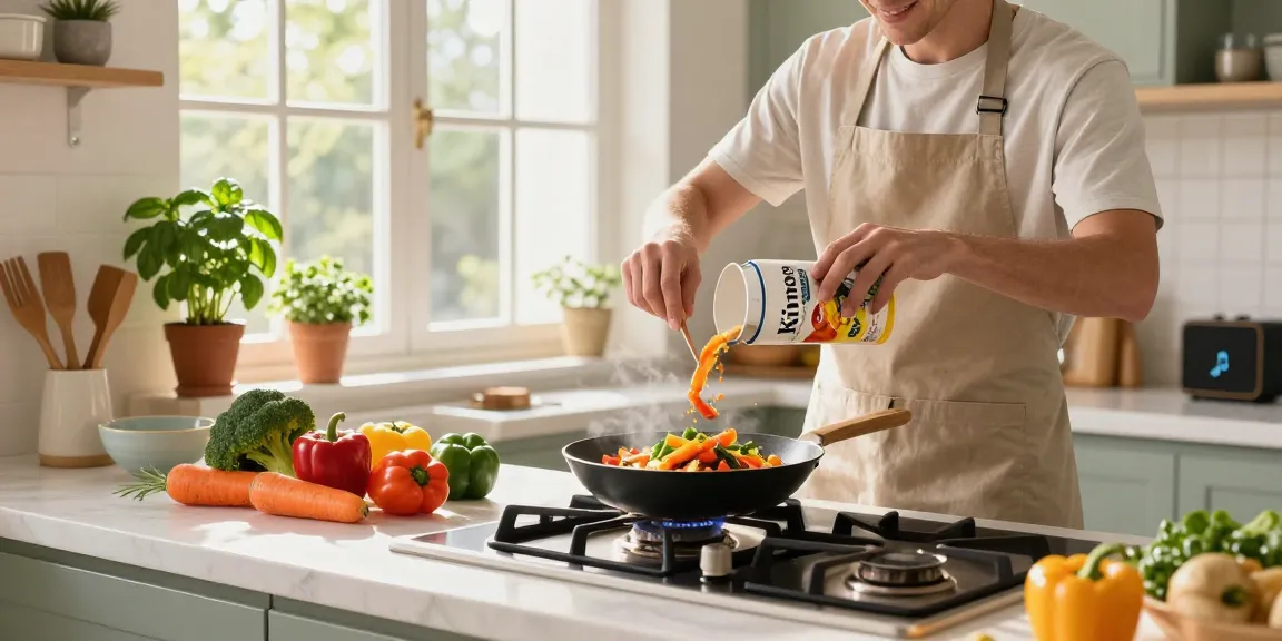 Home cook using www.koiaminos in a vibrant vegetable stir-fry, bright kitchen scene.