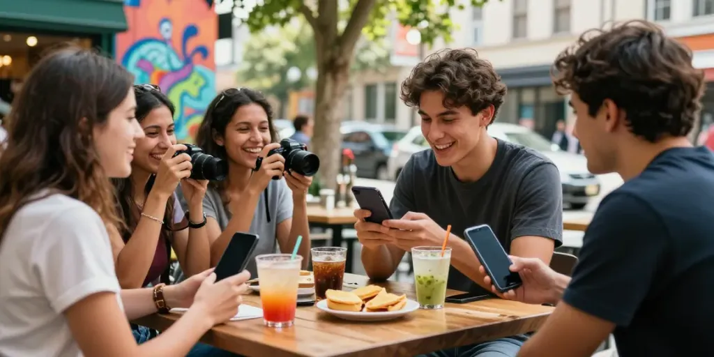Group of friends sharing laughs and memes at café, embodying the spirit of "look at these guys".