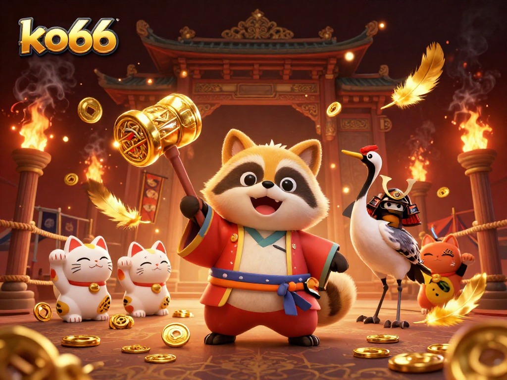 Engage with ko66 as a cheerful tanuki and friends celebrate gaming luck amidst colorful icons.