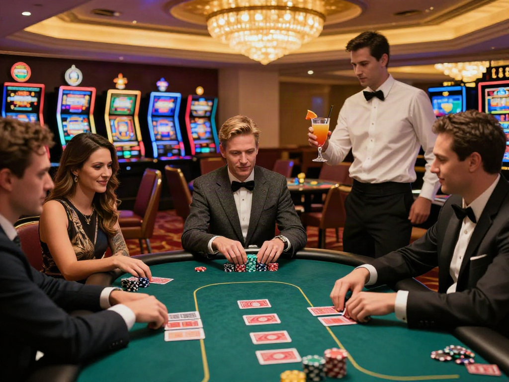Gambling excitement at http://11bet-app.net/ in a luxury casino with players at a poker table.