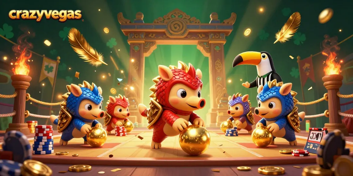 CrazyVegas pangolins compete in a vibrant casino scene, rolling golden balls through poker chips in a lively setting.