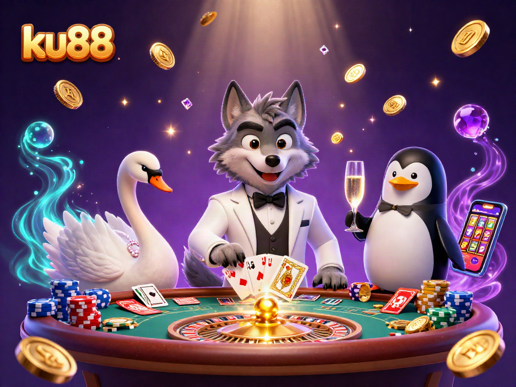 Experience thrilling gameplay at ku88 with a lively baccarat scene featuring a debonair wolf and elegant swan.