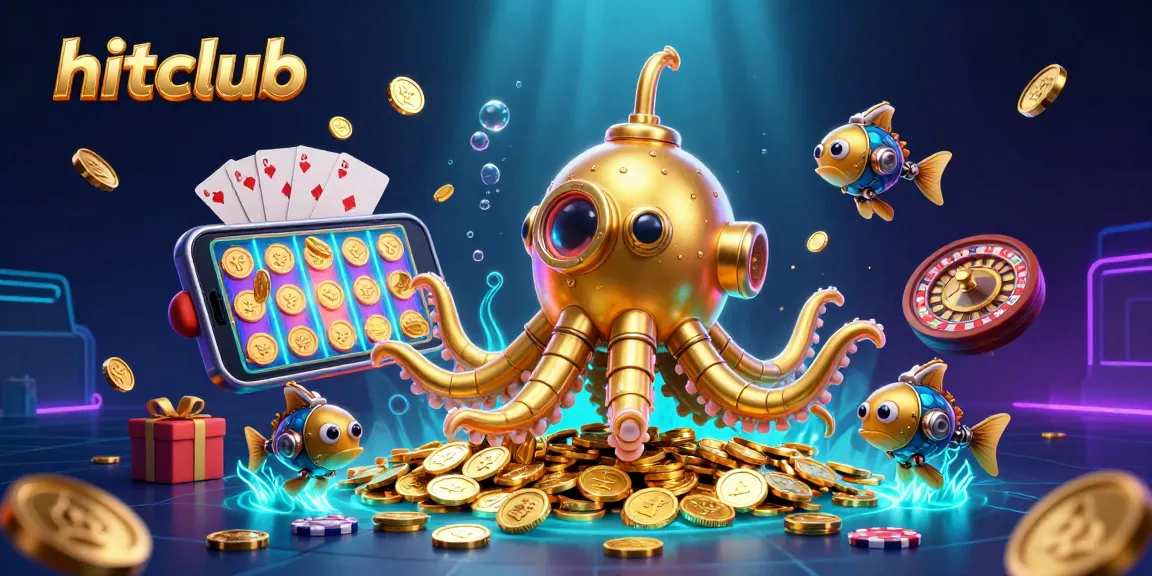 Play vibrant slot games with hitclub's golden kraken submarine amidst a shower of golden coins.