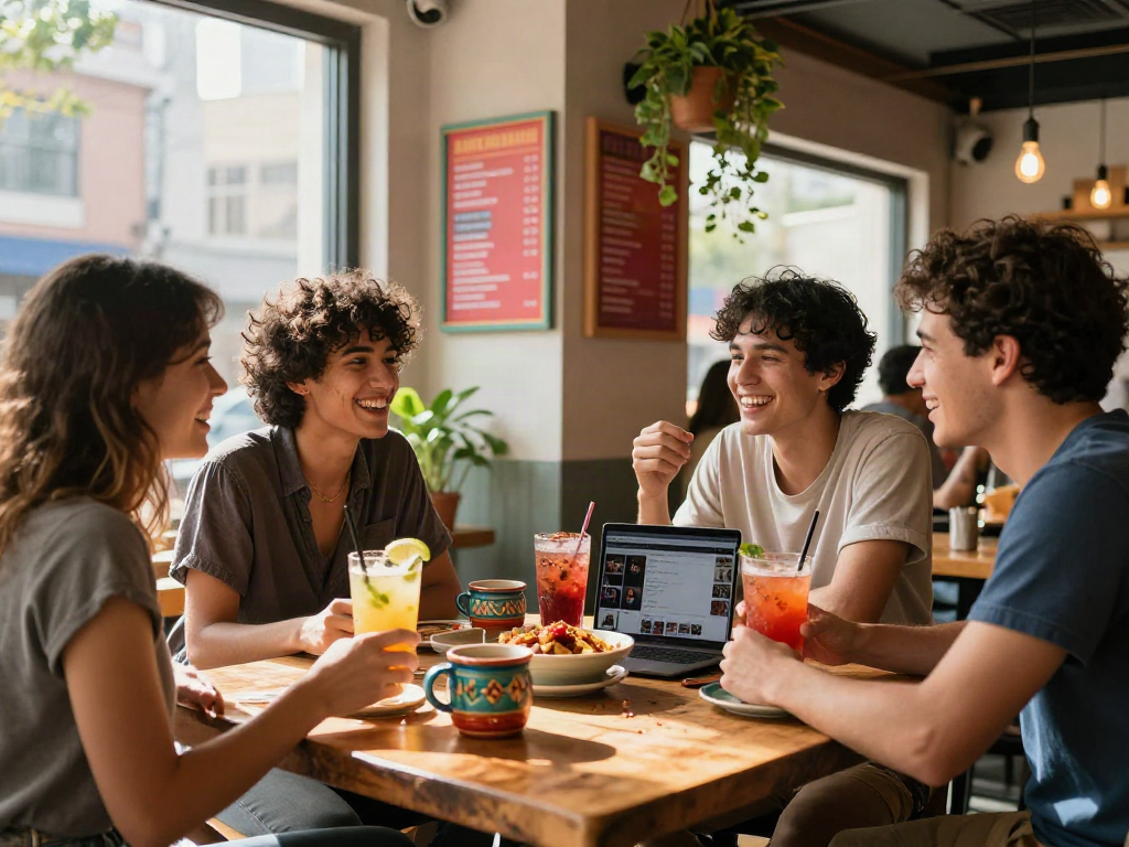 Friends enjoying a spicy chat over colorful drinks and snacks at a vibrant urban cafe.