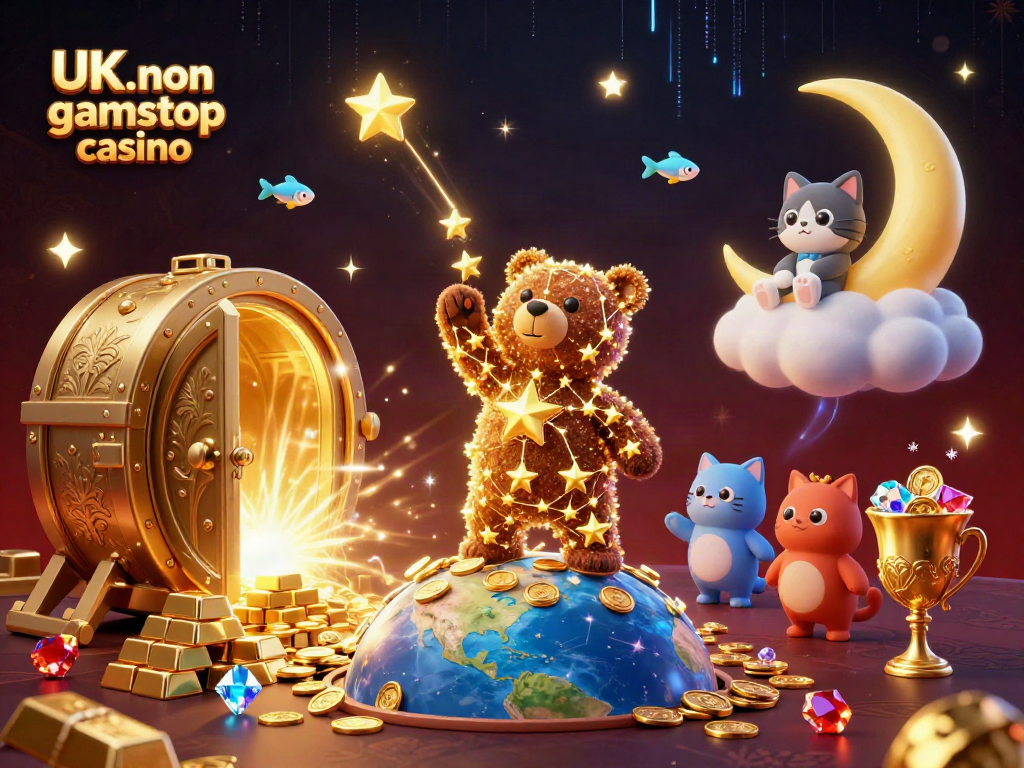 A captivating scene illustrating a UK non gamstop casino with a constellation bear, sparkling coins, and jewel-filled goblets.