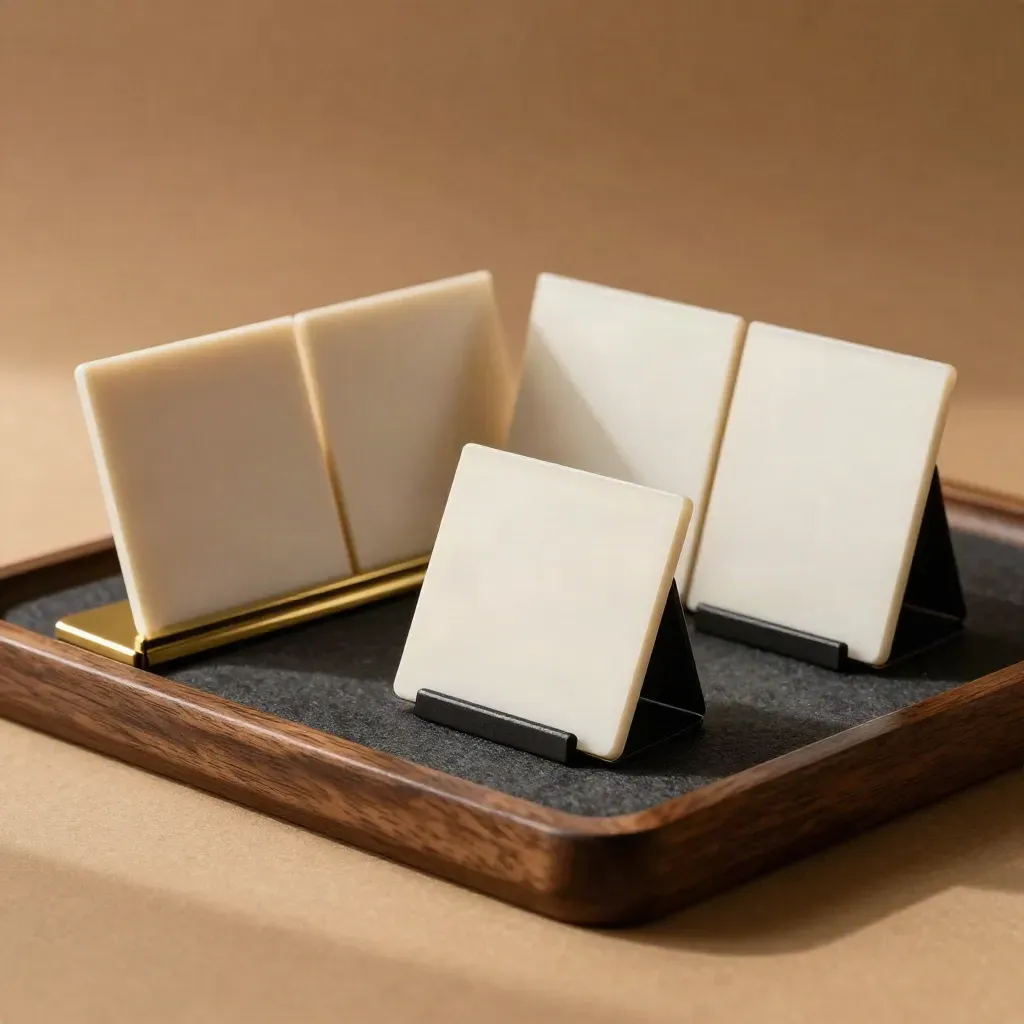 Ivory name tiles fanned on a studio tray, one clipped forward, two blurred behind.