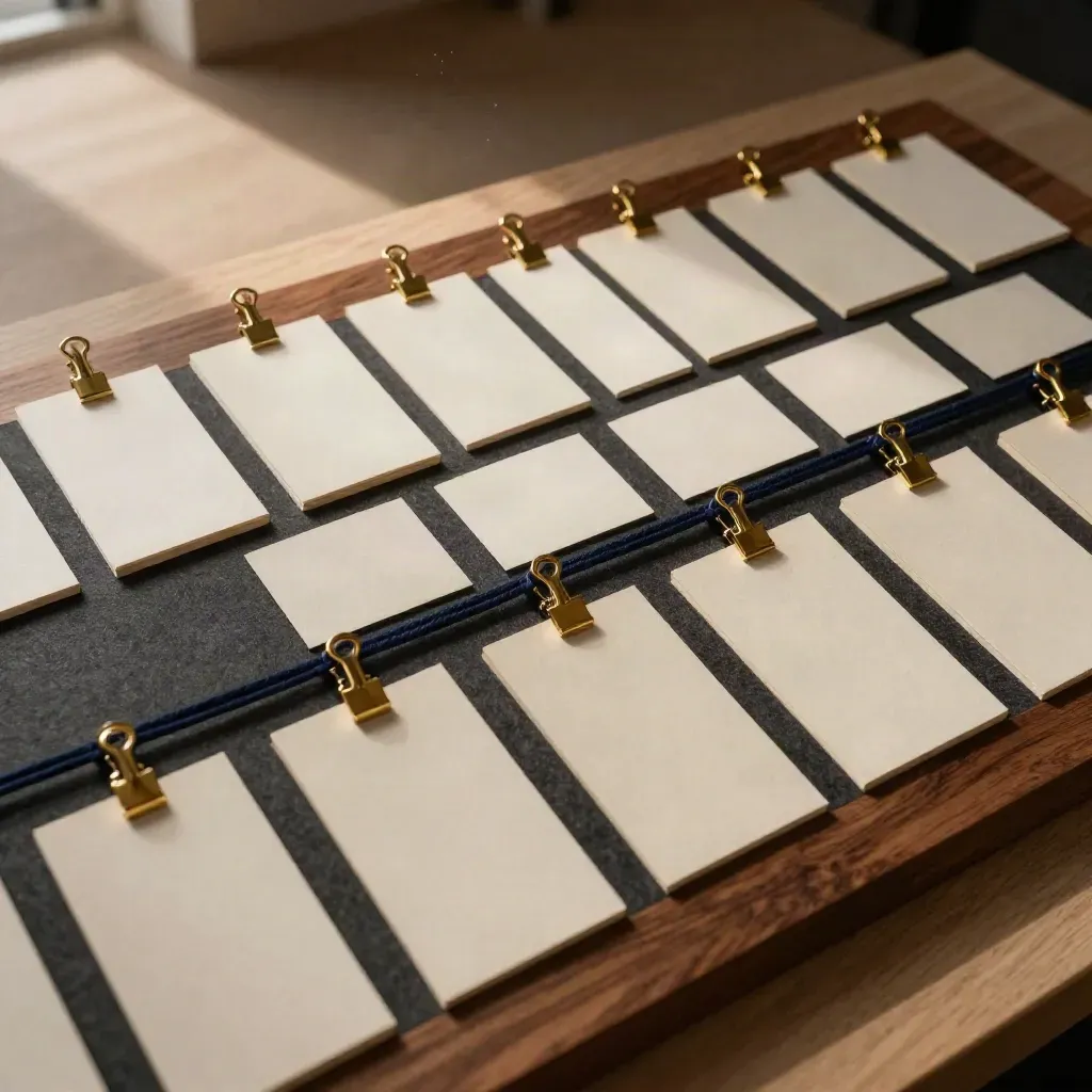 Ivory launch timeline cards pinned in a grid with brass clips and string on a warm walnut board.