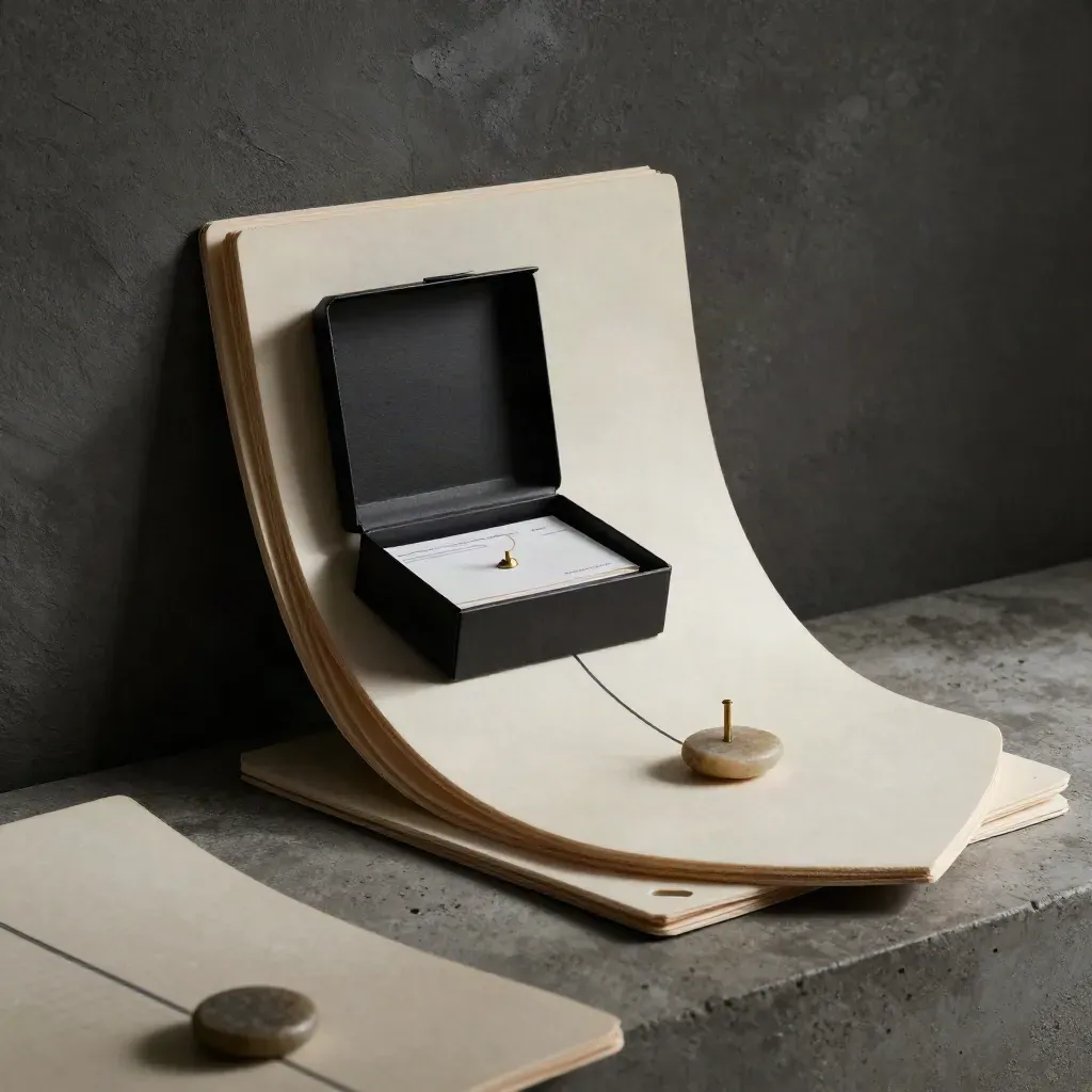Ivory brand boards with brass pin, black sample box and stone token on a dark studio plinth.