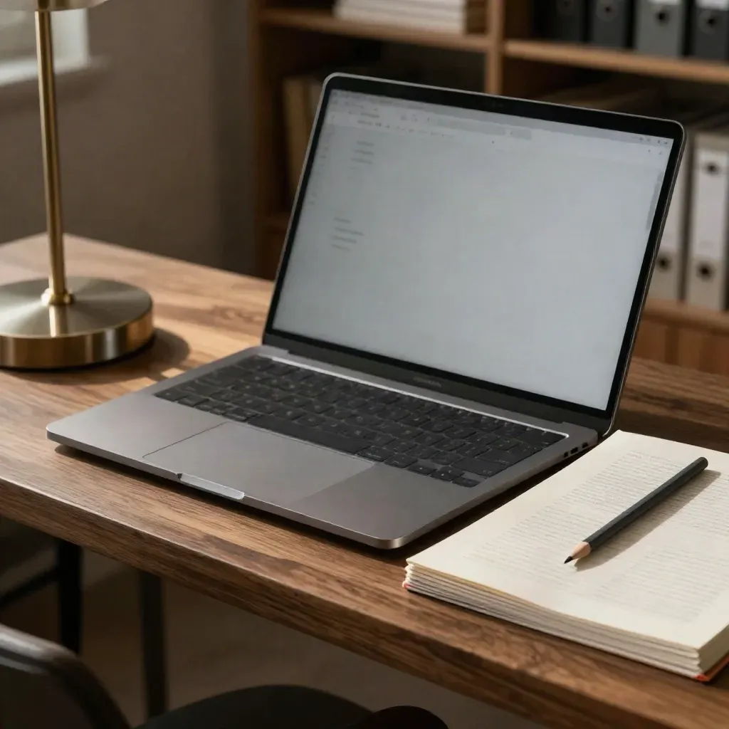 Closed laptop, face-down page mockups, pencil and brass lamp base on a walnut writing ledge.