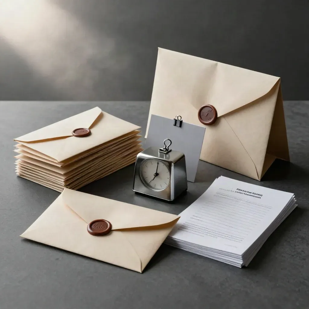 Sealed campaign envelopes, clipped cards, timer and face-down ad proofs on a charcoal worktable.