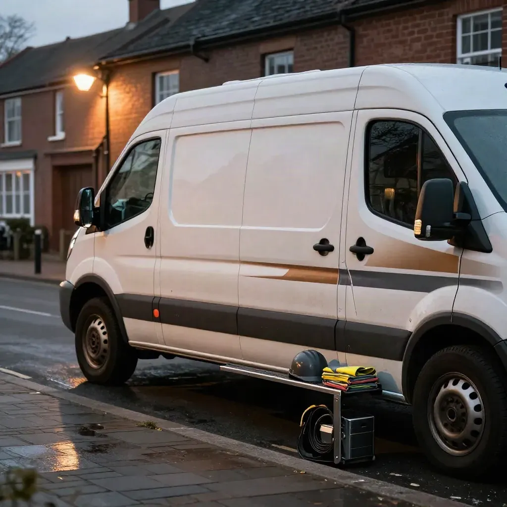Trades van, toolkit, hi-vis gear and hard hat ready on a quiet street at dusk.