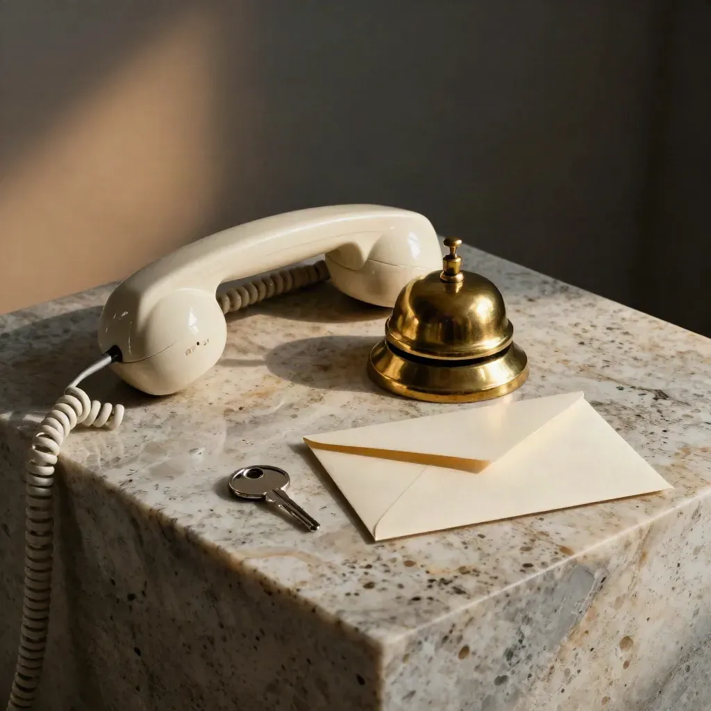 Brass client touchpoint still life with phone receiver, bell, sealed envelope and keyring on travertine.