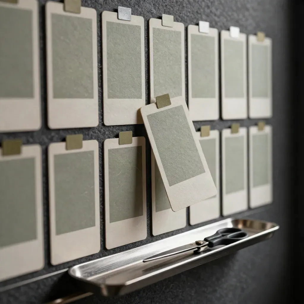 Close-up of blank content cards, colour tabs, scissors and a clip tray on a studio board.