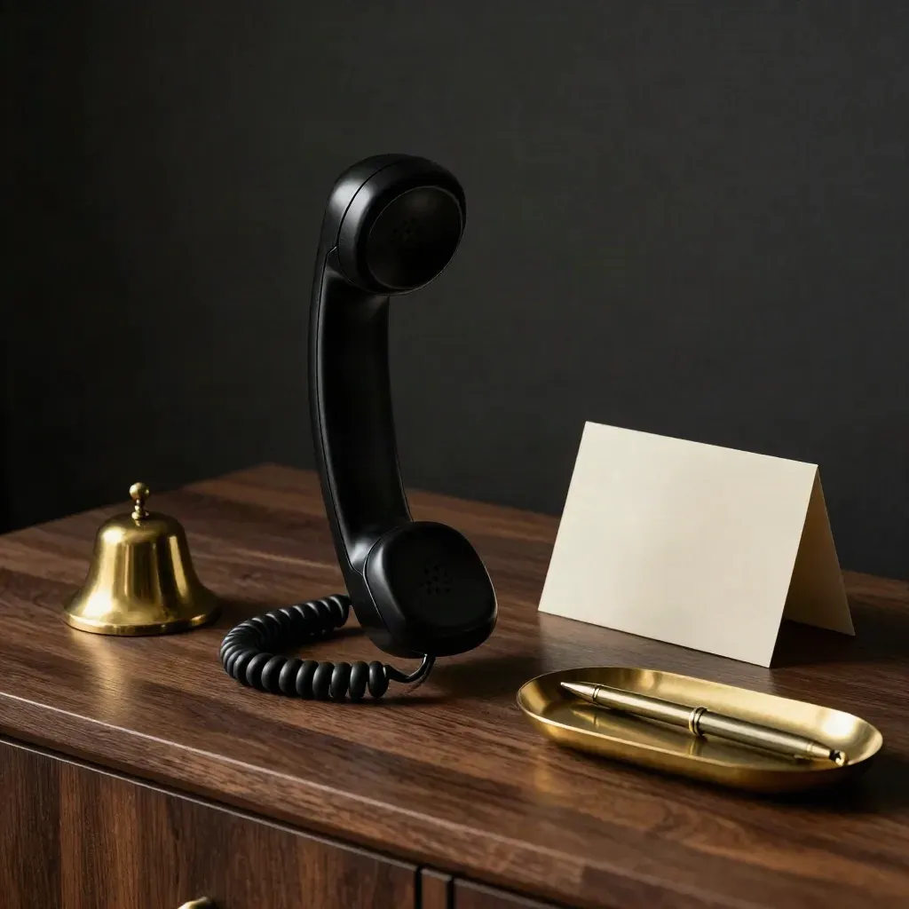 Black handset on a dark sideboard with brass bell and appointment card.