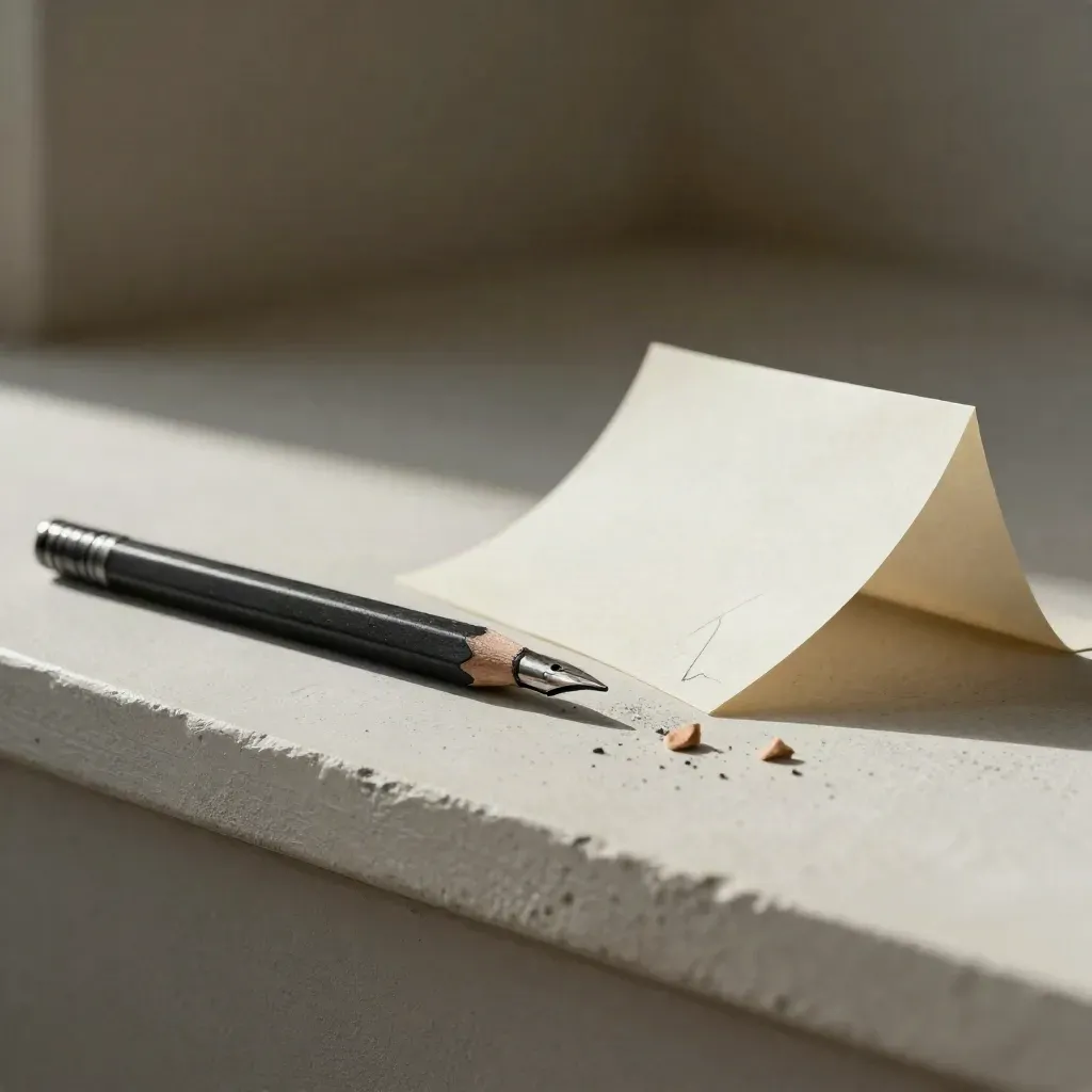 Macro still life of pencil, pen nib, and folded proof sheet on a plaster ledge.