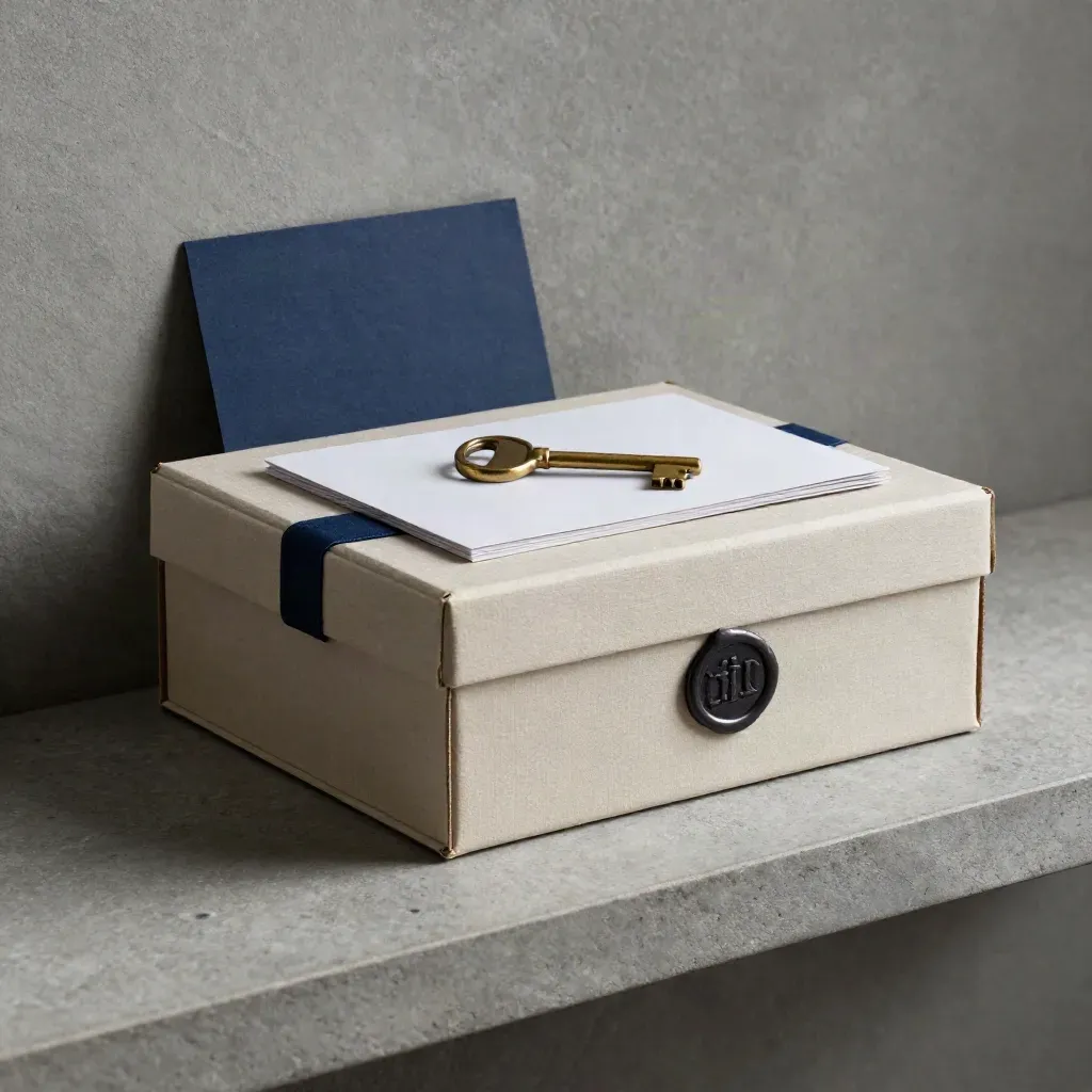 Courier box, brass key, and launch folder on a stone shelf with a blurred navy card.