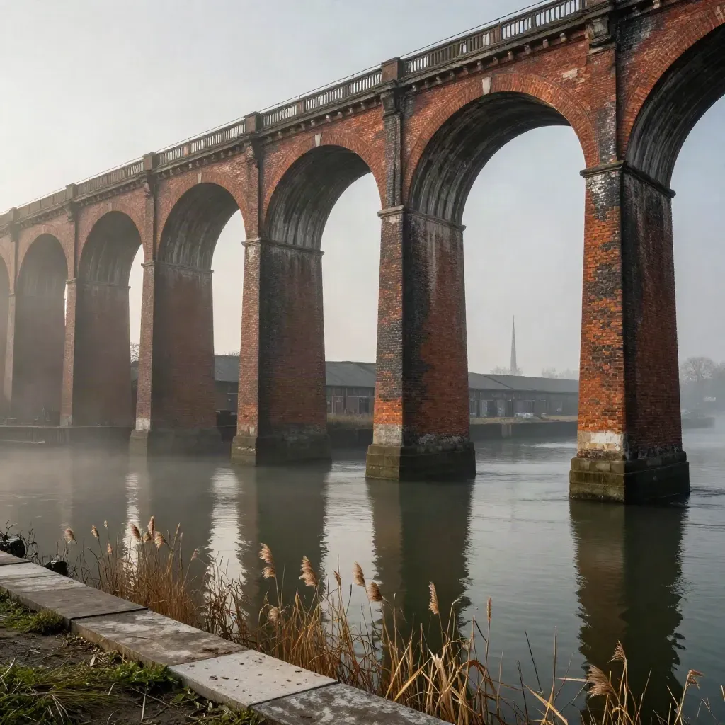 Misty red-brick viaduct above canal water with warehouse roofs and a faint spire.