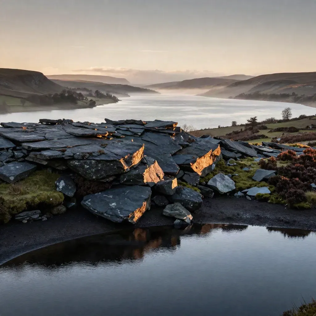 Slate fells above a misty lake at sunset, wide calm landscape with space for copy