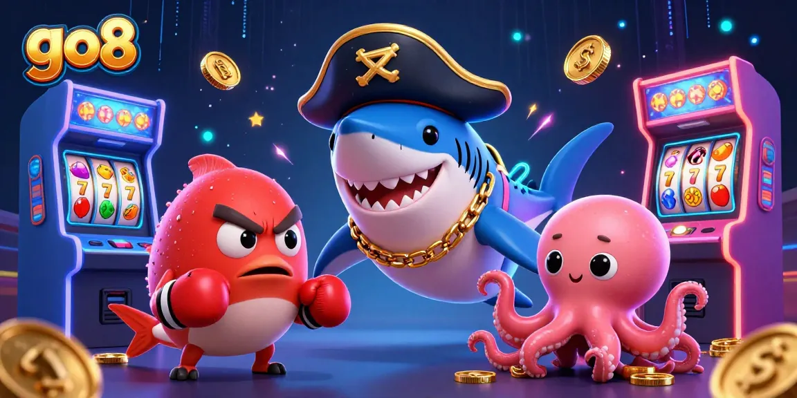 Engage with go8's exciting casino scene featuring a pirate shark, a boxing pufferfish, and an octopus with coins.